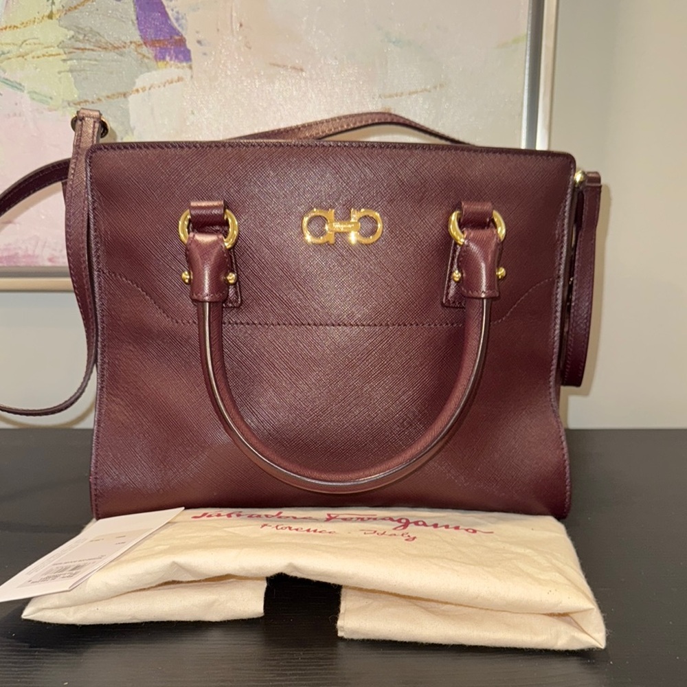 Salvatore Ferragamo Brown and Gold Satchel with Structured Design